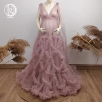 donjudy fluffy tulle maternity dresses with long train v neck extra puffy tulle maternity robes for photography prom gowns 2021