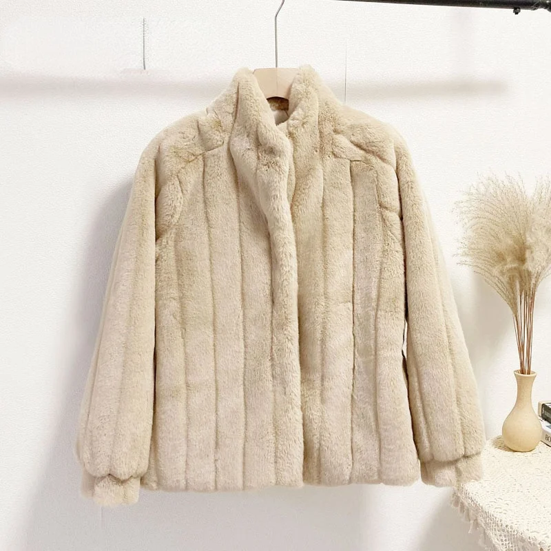 2021 Casual  Furry Faux Rabbit Fur Coat Women Stand Collar Winter Plush Fur Coats Warmer Long Sleeve High Quality Woman Jacket