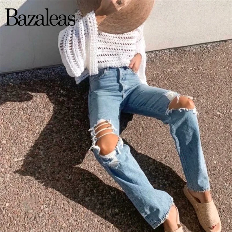 Винтажные женские джинсы Bazaleas с вырезами модные высокой талией в стиле панк хлопковые на коленях уличная