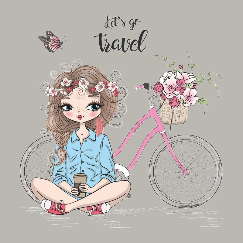 

1PCS Girl With Her Bicycle Iron Sticker For Clothing Vinyl Heat Transfer Fashion Diy Appliqued Tops Thermal Patches