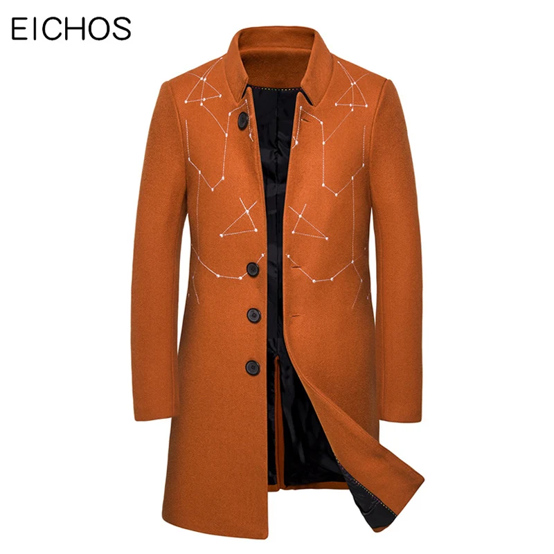 Пальто мужское шерстяное с вышивкой модная Повседневная Длинная ветровка