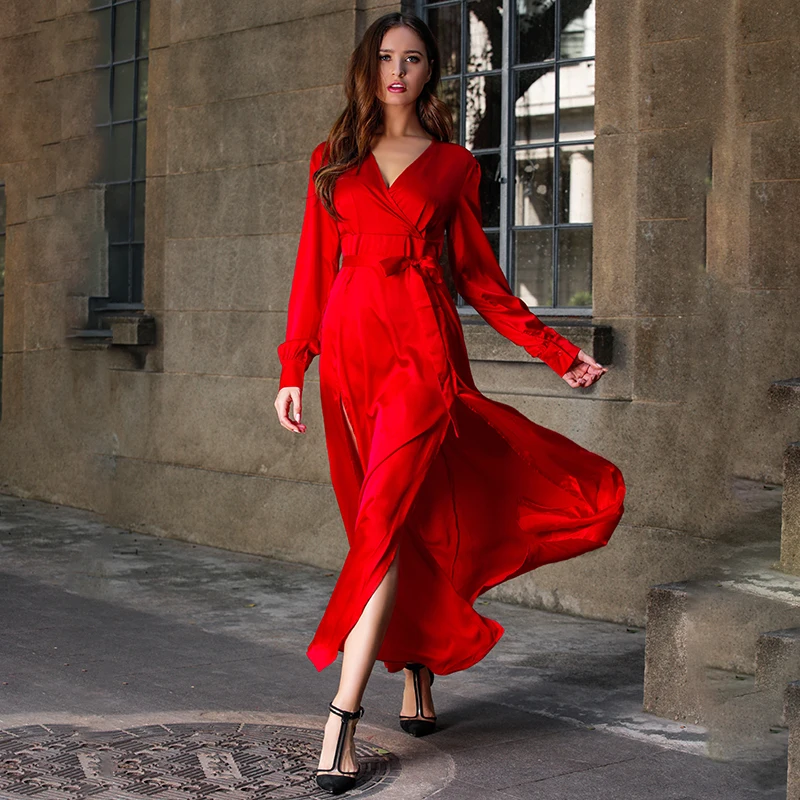 Женское длинное платье XWOMENDAY Повседневное с длинным рукавом и глубоким вырезом в