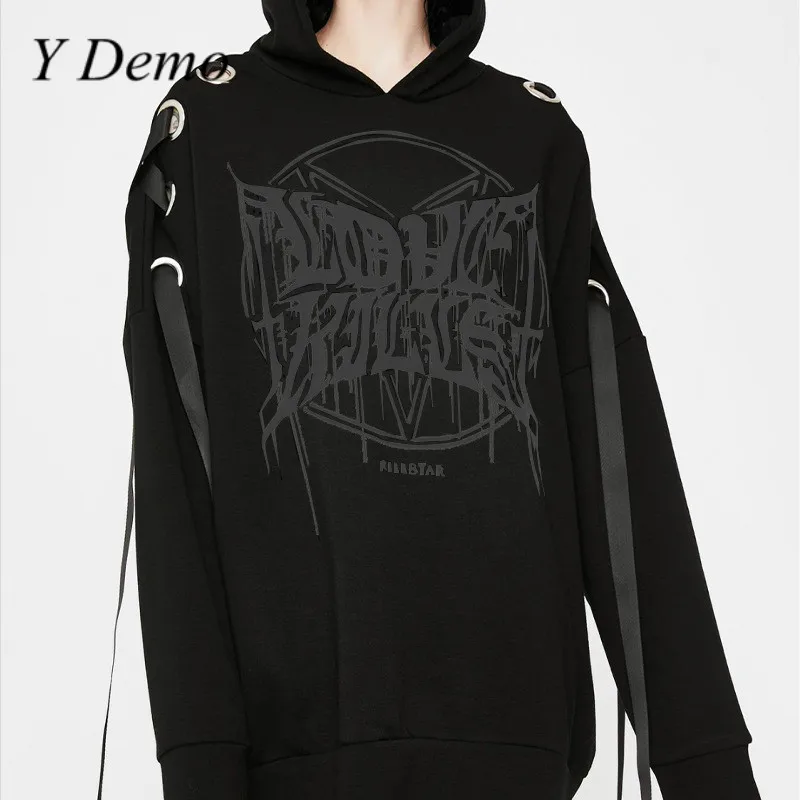 Y Demo готический черный женский пуловер с капюшоном и длинным рукавом на шнуровке