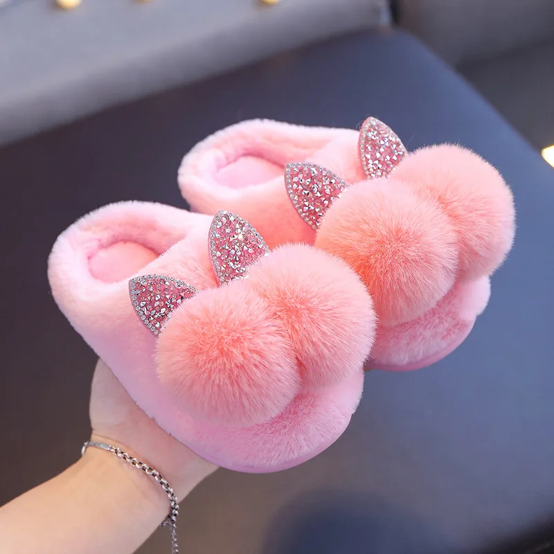 

Baby Girls Cotton Slippers 2021New Winter Children's Shiny Sequins Fur Slippers Boys Home Indoor Shoes Non-Slip Kids Slippers슬리퍼