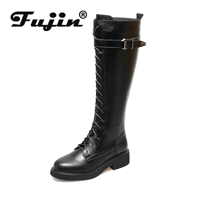 Fujin/женские сапоги до колена с пряжкой Черные мотоботы на шнуровке Зимние