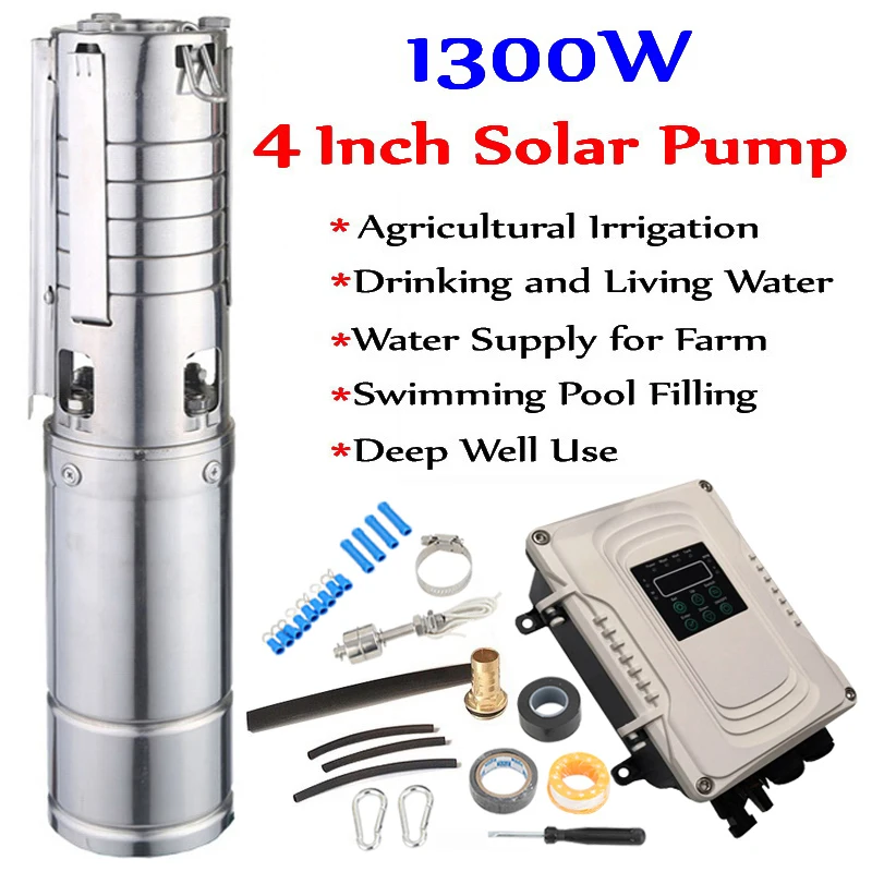 

Центробежный насос для глубоких скважин на солнечной батарее, 96 В постоянного тока, 4 дюйма, 1300 Вт, высокопоточный, гибкий насос с контроллер...