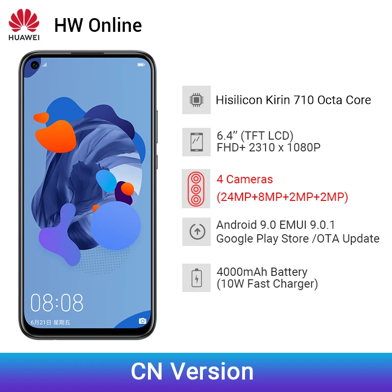 Huawei Nova 5i 6 гб 128 гб мобильный телефон 6,4 дюймов Kirin 710 восьмиядерный Android 9,0 2310x1080 type-C мобильный телефон мп мобильный телефон