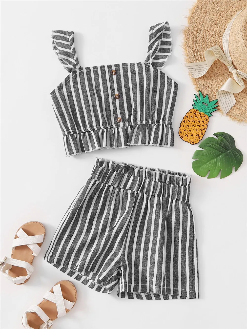 

Mysweeby Wholesale striped suit with flounces and suspenders kids clothing summer baby girls cotton fabric kids two piece