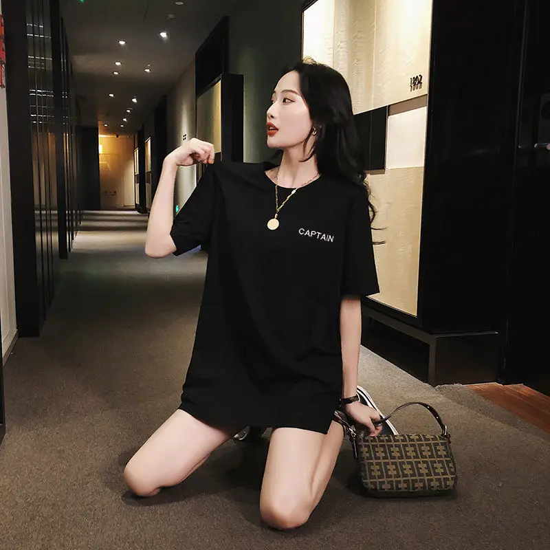 

Korean loose medium length white T-shirt women's Short Sleeve Cotton 2021 summer new round neck versatile T-shirt