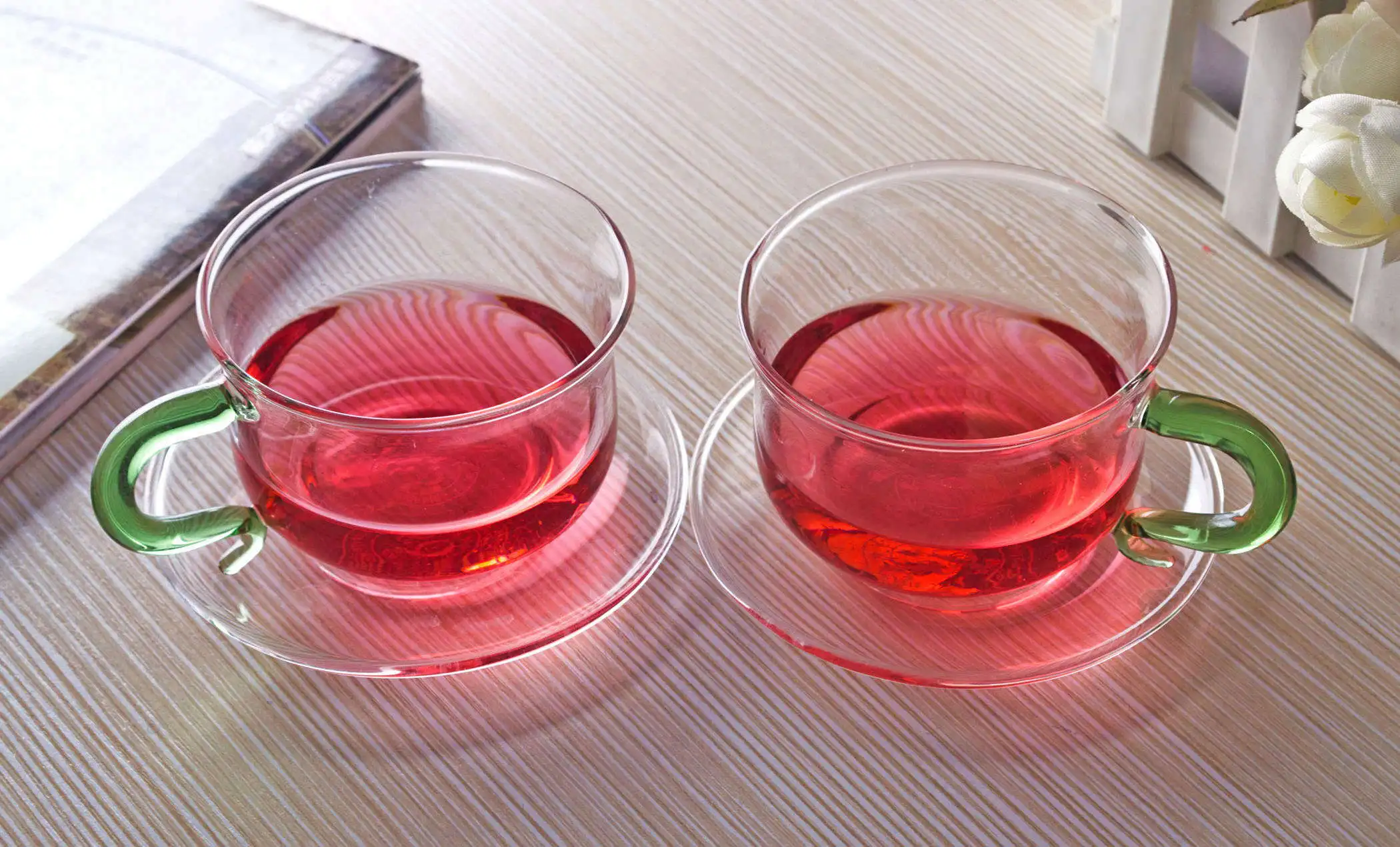 Чайная чашка термостойкая стеклянная чайная с зеленой ручкой 140 мл + 1 блюдце 90