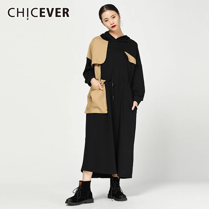 CHICEVER лоскутное платье женское с капюшоном длинным рукавом Нерегулярные хитовые