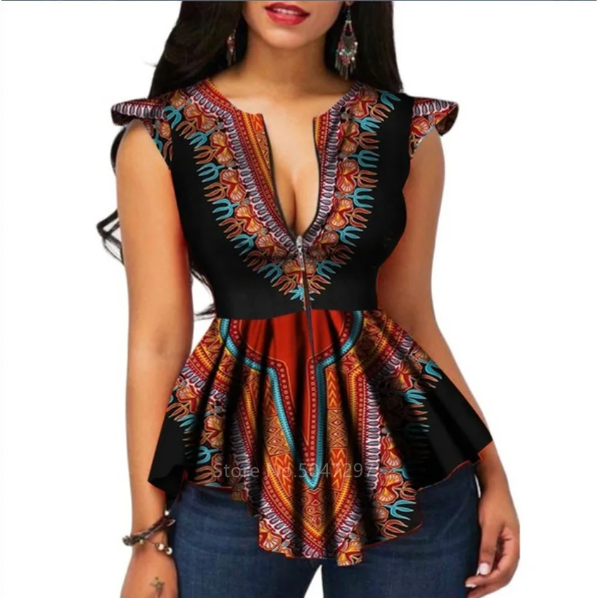 

Fashion 2020 Ladies Clothes African V-neck Top Dashiki Print Plus Size T Shirt Traditional Clothing African Dresses for Women