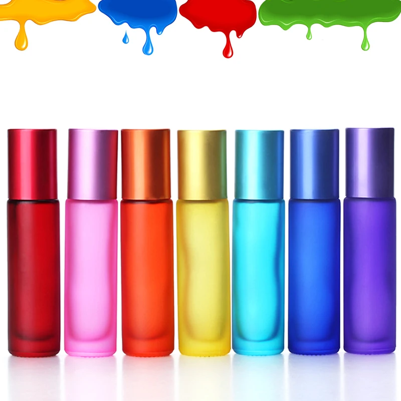 1/5/10PCS 10ml Portable Frosted Colorful Thick Glass Roller Essential Oil Perfume Bottles Travel Refillable Rollerball Vial