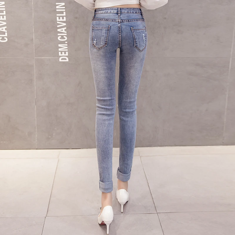 Джинсы женские с высокой талией узкие брюки из денима бусинами и жемчужинами