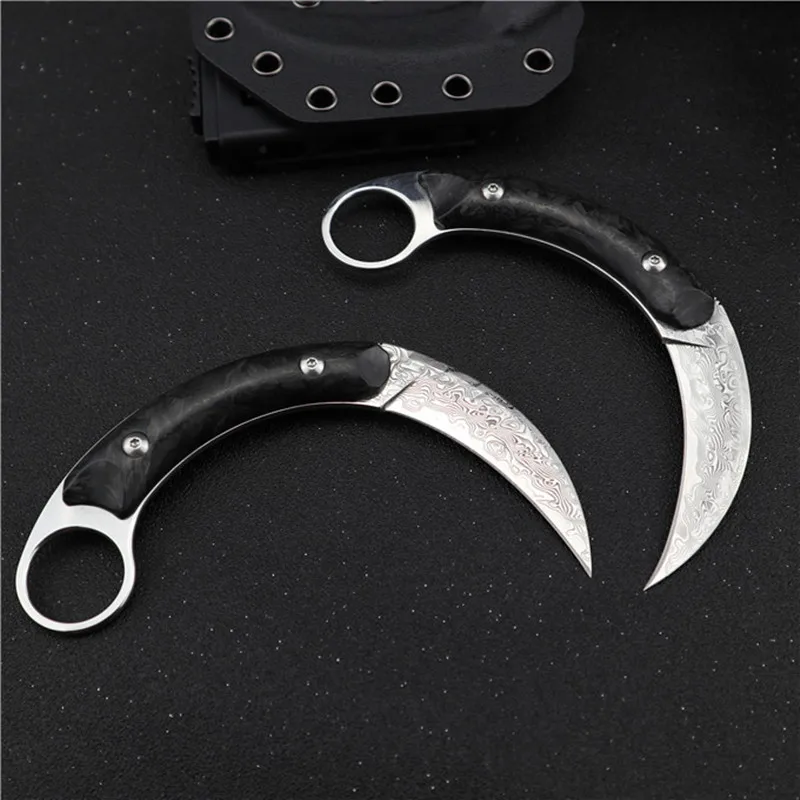 HS инструменты дамасское лезвие Karambit углеродное волокно ручка тактический охотничий Открытый нож кемпинг выживания битва Фиксированное Лезвие Нож