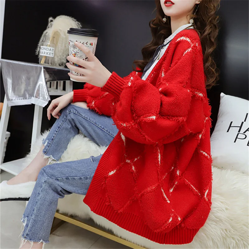 

Autumn Winter Thick Knitted Sweater Women Cardigan Ladies Jumper Loose Korean Red Blue Khaki White Frayed Knitting Tops Female