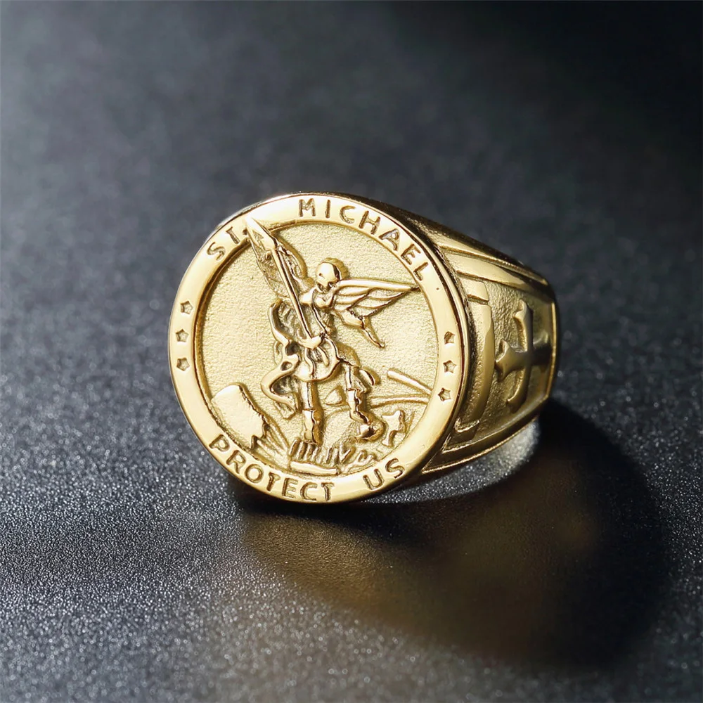 

Vintage Catholic Angel Michael Ring For Men Women Punk 316L Stainless Steel Knight Saint Michael Protect Us Ring Jewelry Gift