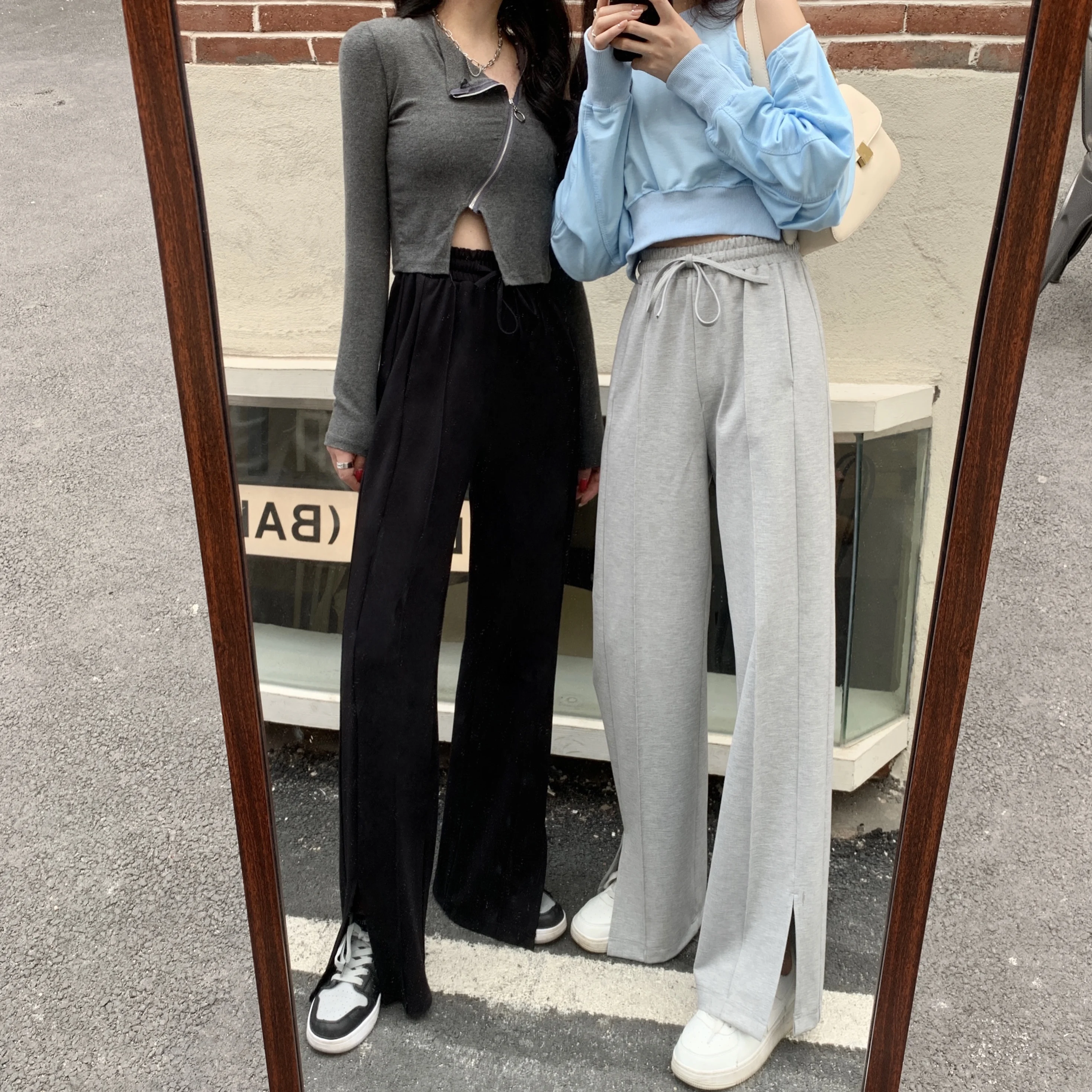 

High Waist Slimming Sports Slit Casual Pants Children Straight Wide Leg Mop Pants 2021spring and Summer New Preppy Style
