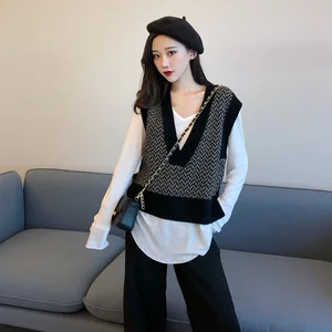 Женский вязаный свитер, жилет в Корейском стиле, винтажный Стильный пуловер без рукавов с V-образным вырезом в стиле пэчворк, топы на осень, T395, 2021