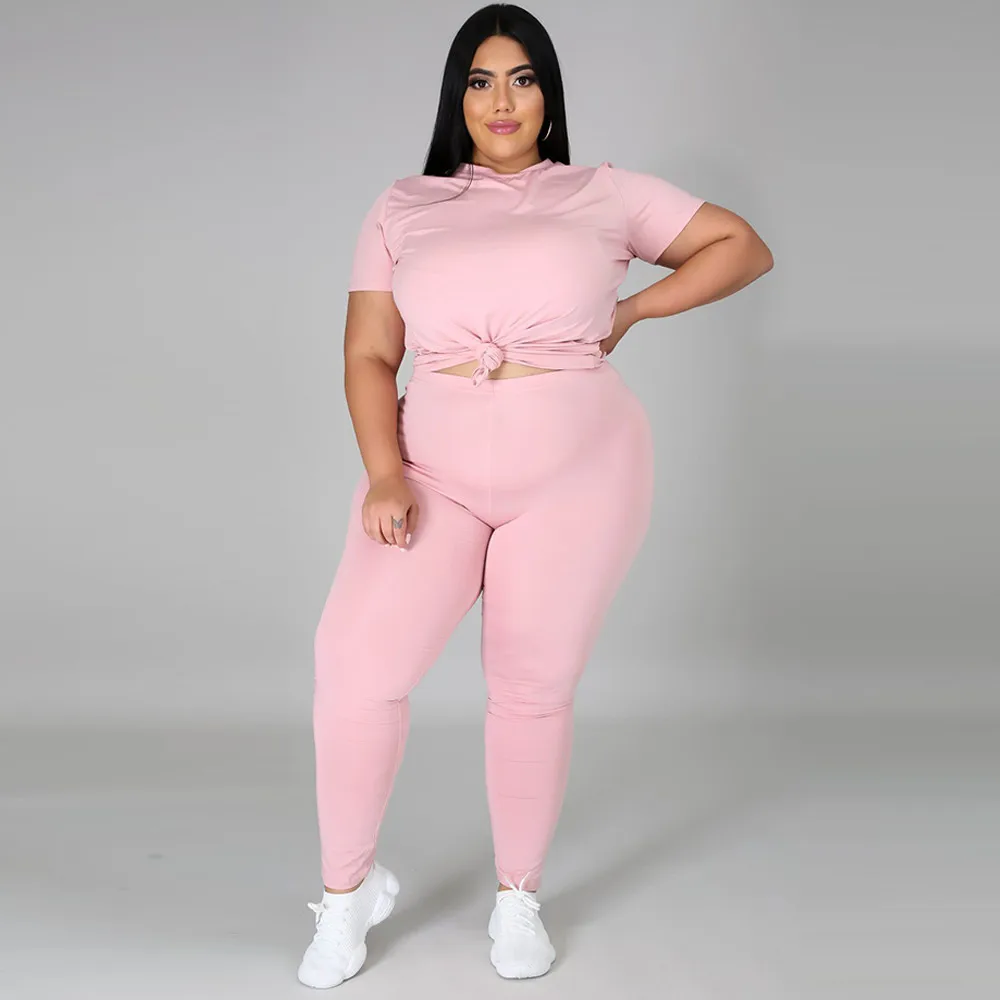 

Plus Size Women Two Pieces Set Solid Short Sleeve O-neck T-shirts Biker Legging Sweatsuit Casual Sporty Female Outfit XL-5XL