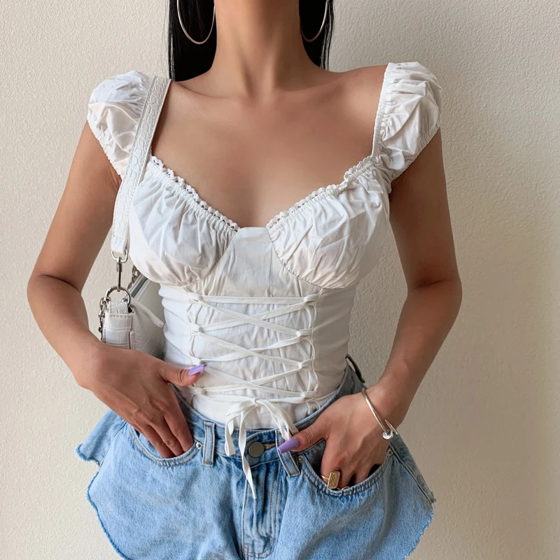French Court Style Lace-up Square Collar White Shirt Women's Pleated Puff Sleeve Sexy Clavicle Top Blouse Bandage Bow X0W8