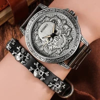 fashion mens stainless steel watches bracelet set skull retro calendar quartz wristwatches men original gifts relogio masculino