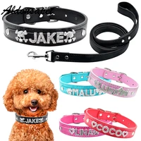 personalized bling name cat dog collar leash set custom rhinestone name leather pet dog collar for small medium large dog collar
