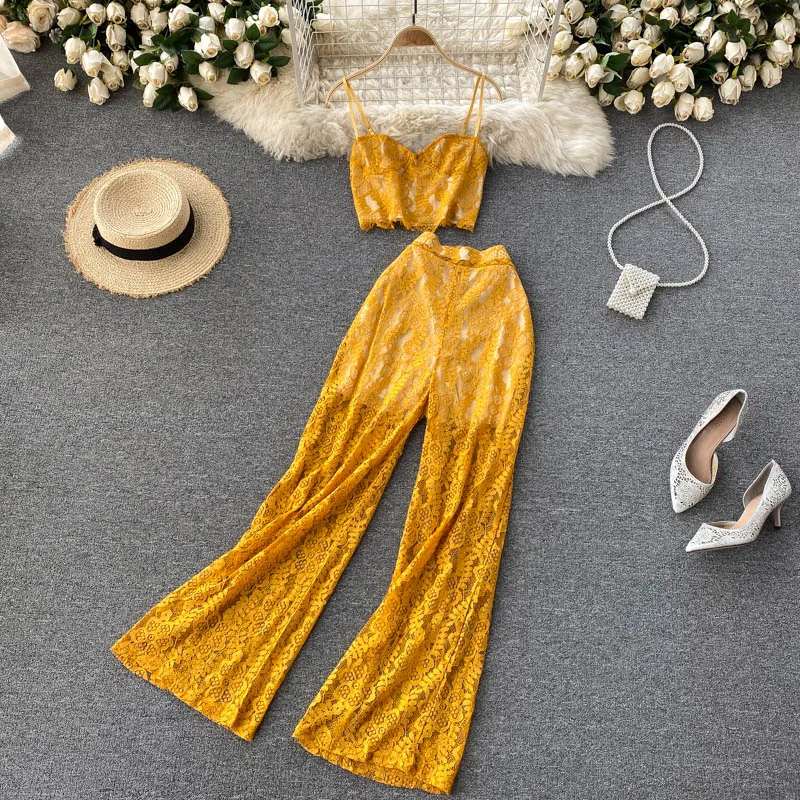 

FTLZZ Summer Women Sexy Lace slimTwo Piece Set V-neck Sling Top High Waist A-line Wide Leg Pants Ladies Beach Solid Color Sets