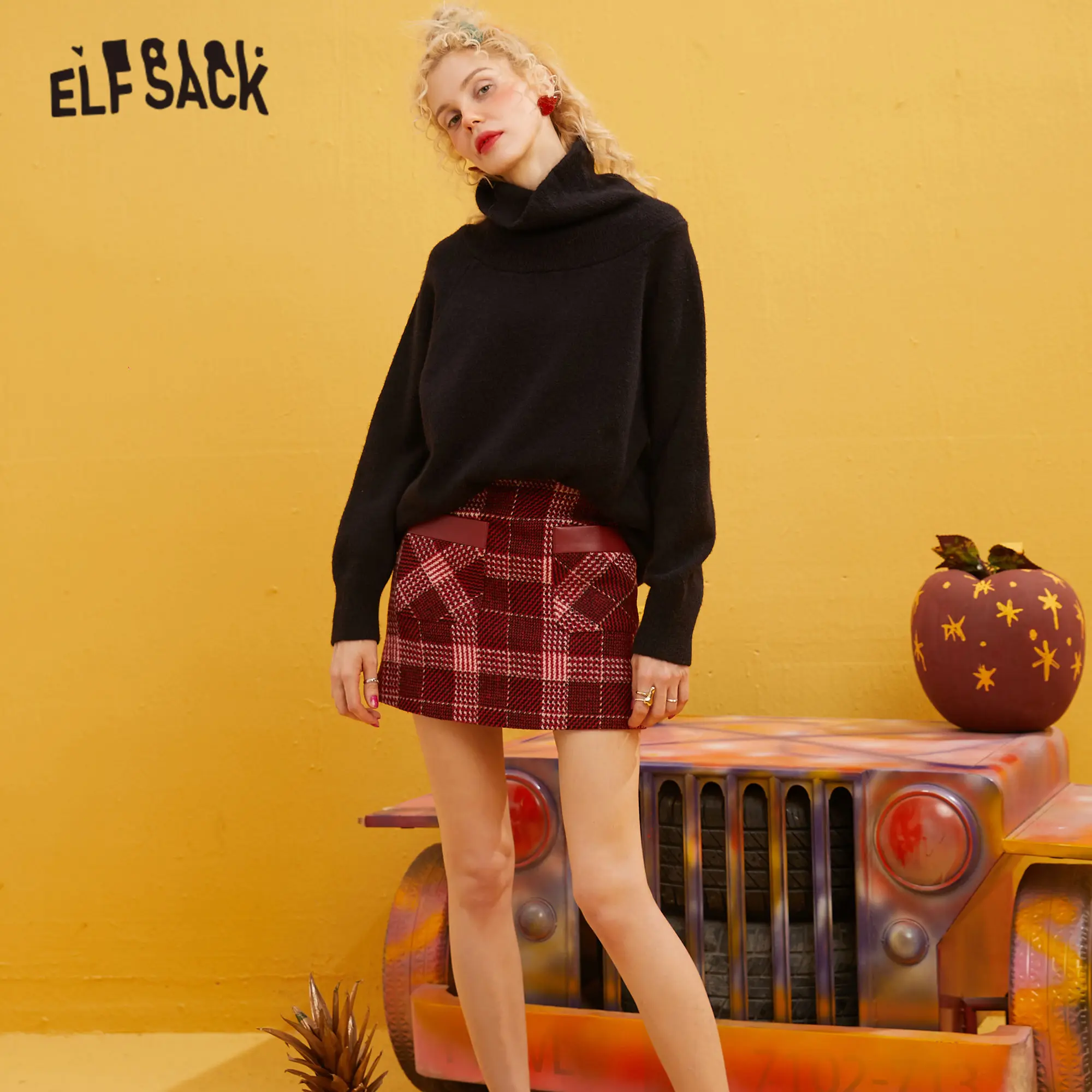 ELFSACK красная клетчатая Кожаная Мини юбка в стиле пэчворк с карманом для женщин