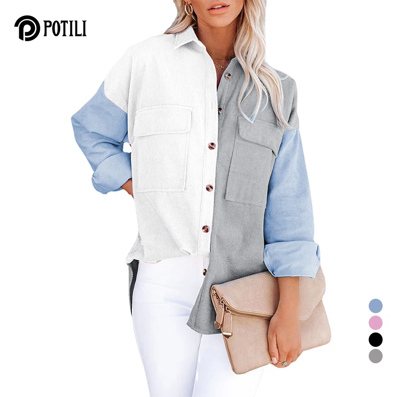 

Осенняя Вельветовая куртка POTILI, женское длинное пальто, свободная рубашка в стиле пэчворк для женщин, однобортная одежда с пуговицами и кар...