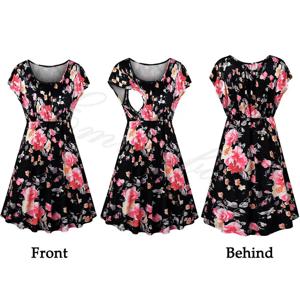 Платья для беременных с коротким рукавом оборками и круглым вырезом летняя мода