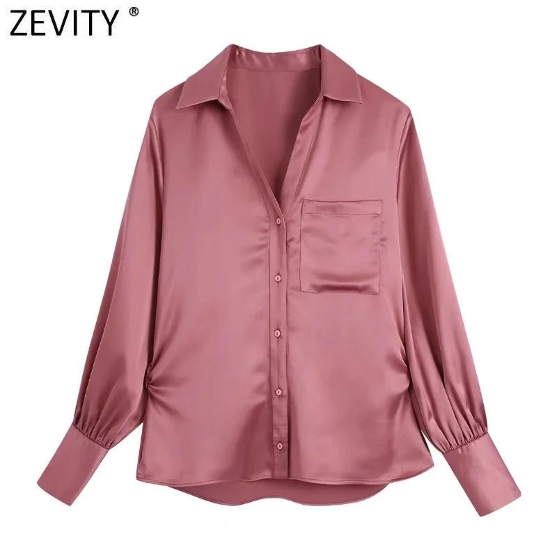 

Zevity New Women Fashion Solid Soft Satin Blouse Office Ladies Waist Pleated Slim Shirts Chic Casual Business Blusas Tops LS9971