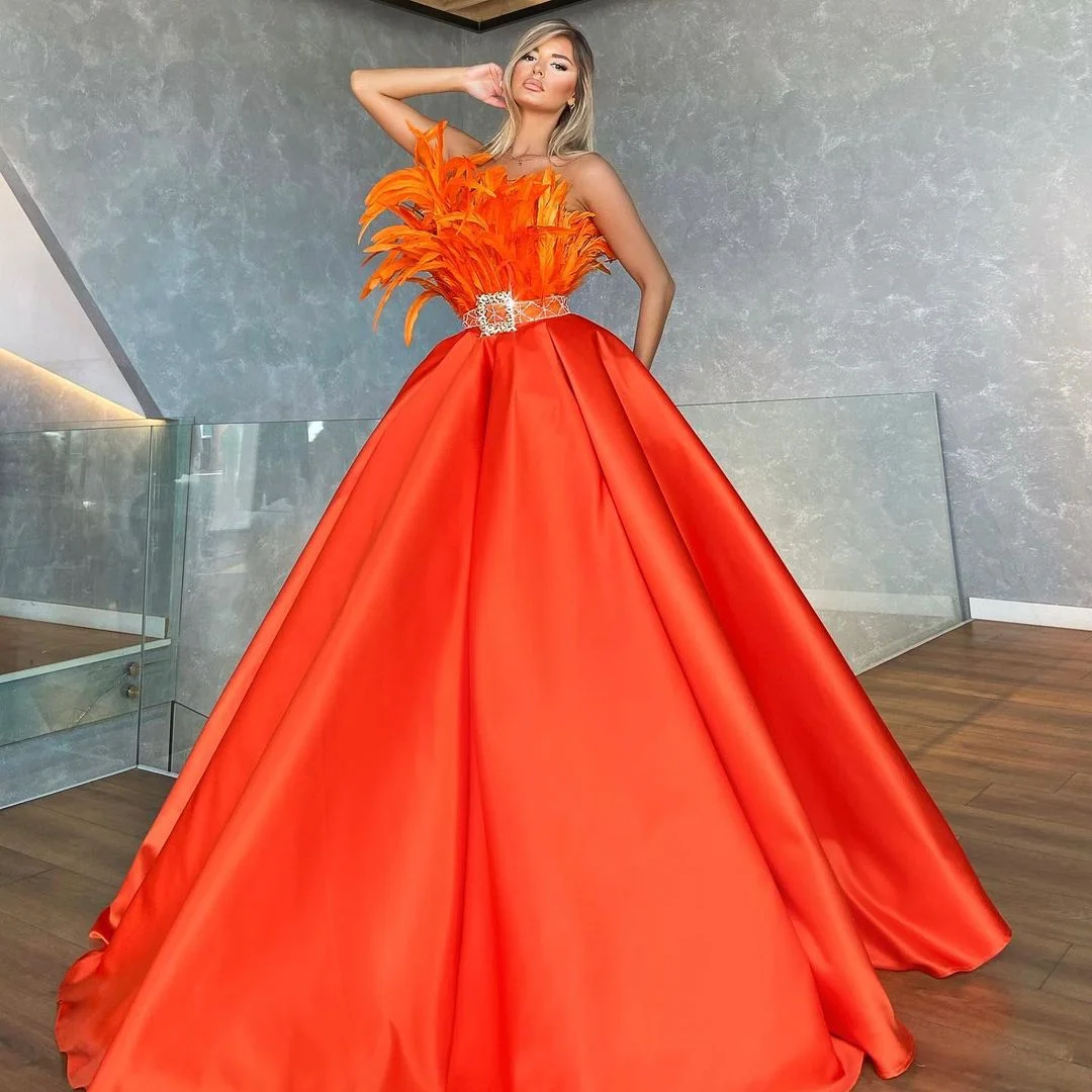 

New Elegant Prom Dresses Long Luxury Feathers High Waist Ball Gown Women Formal Evening Party Night Gowns Plus Size Custom Made