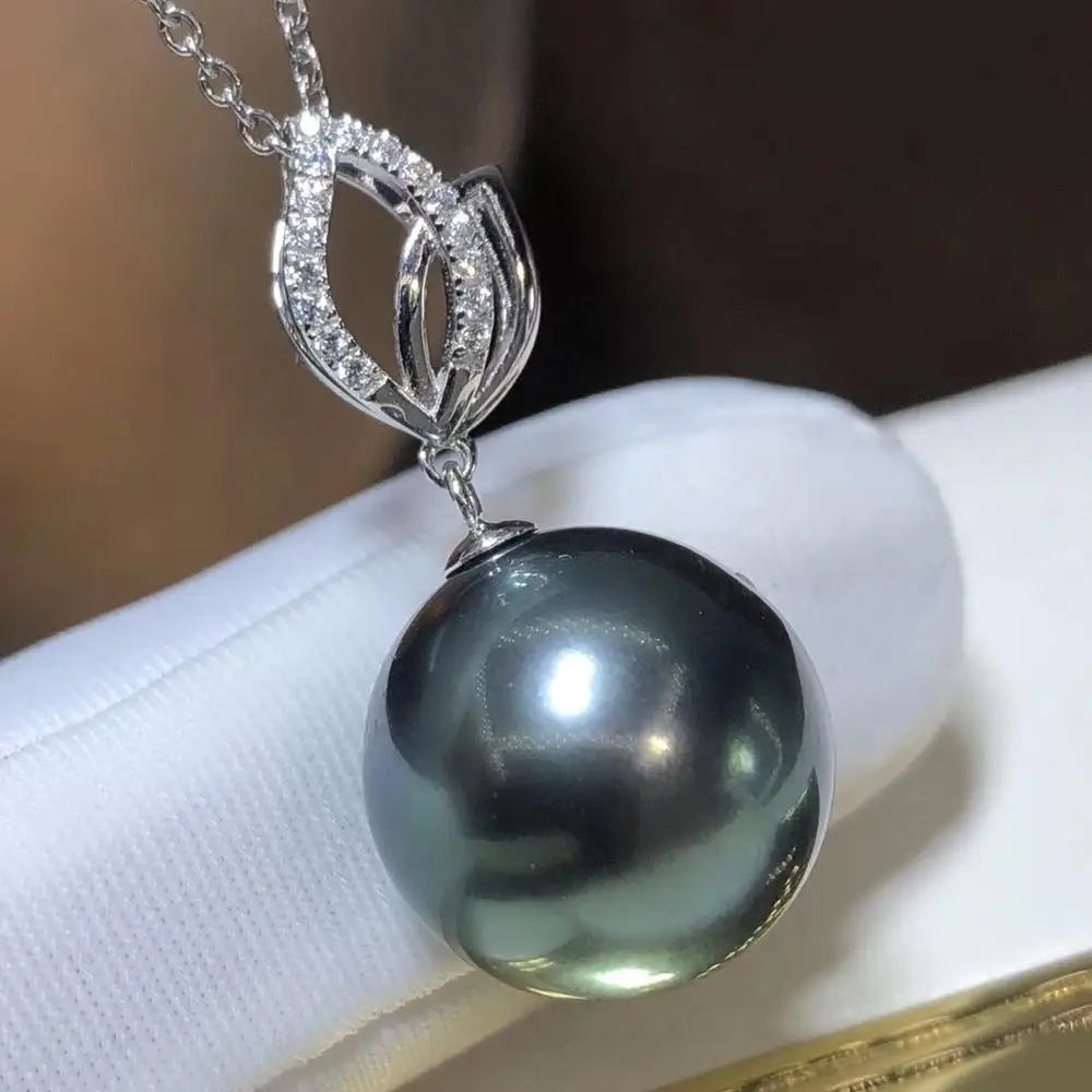 

D420 Pearl Pendant Fine Jewelry Solid 18K Gold Round 11-12mm Ocean Sea Water Tahiti Black Pearls Pendants Necklaces for Women