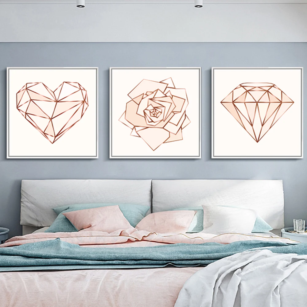 

Rose Gold Wall Art Canvas Painting Girls Bedroom Poster Pink Geometric Heart Pictures Abstract Flower Modern Home Decor Prints