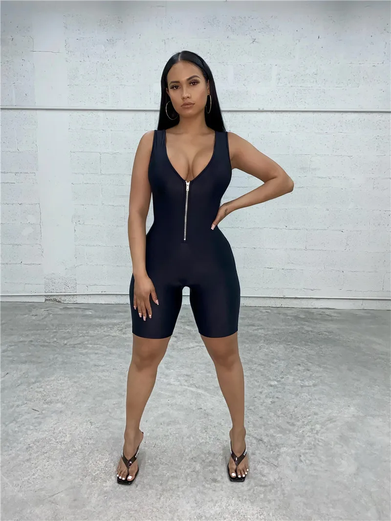 

Sexy Sleeveless Deep V Neck Zipper Jumpsuit Women Summer 2021 Sport Bodycon Rompers Biker Shorts Club Playsuits Outfits
