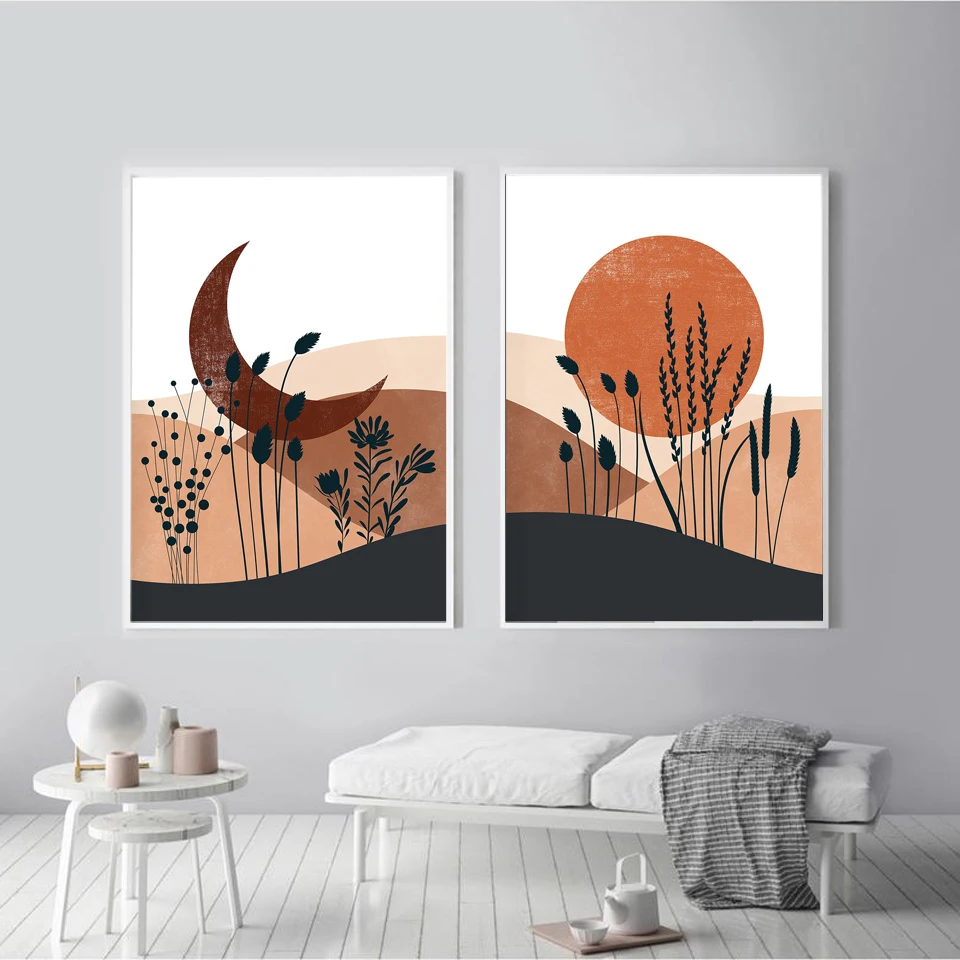 

Sun Moon Mountain Botanical Poster Color Block Canvas Painting Boho Art Print Beige Wall Picture For Living Room Home Décor