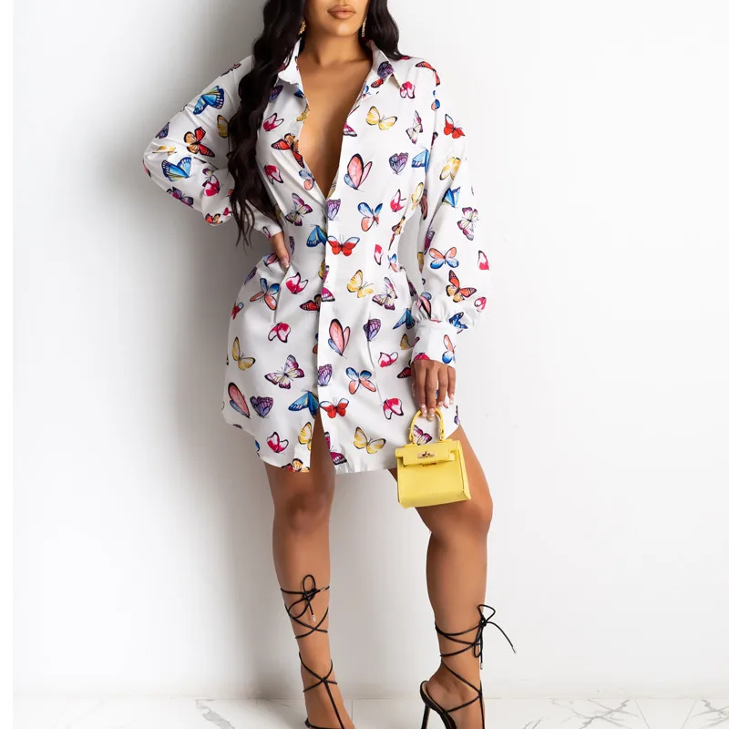

Loose Long Shirts New Long Sleeves Buttons Casual Blouses Women Spring Fall Tops Wear Female White Butterfly Pattern Maxi Shirt