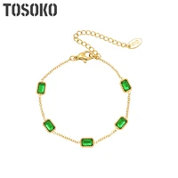 tosoko stainless steel jewelry golden square inlaid emerald zircon bracelet womens elegant chain bse002