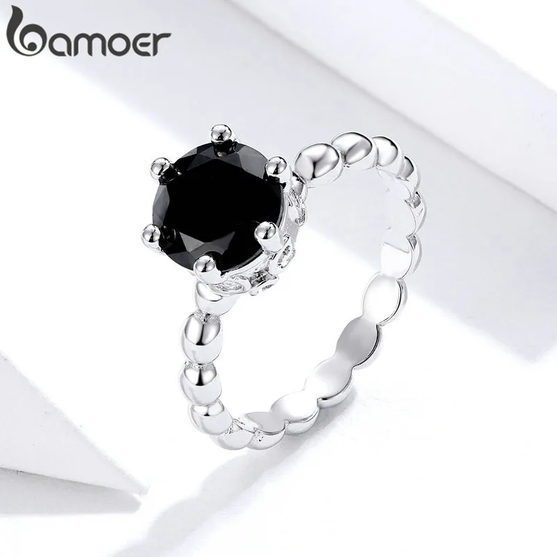 Серебряное кольцо BAMOER с черным кубическим цирконием для женщин модные свадебные