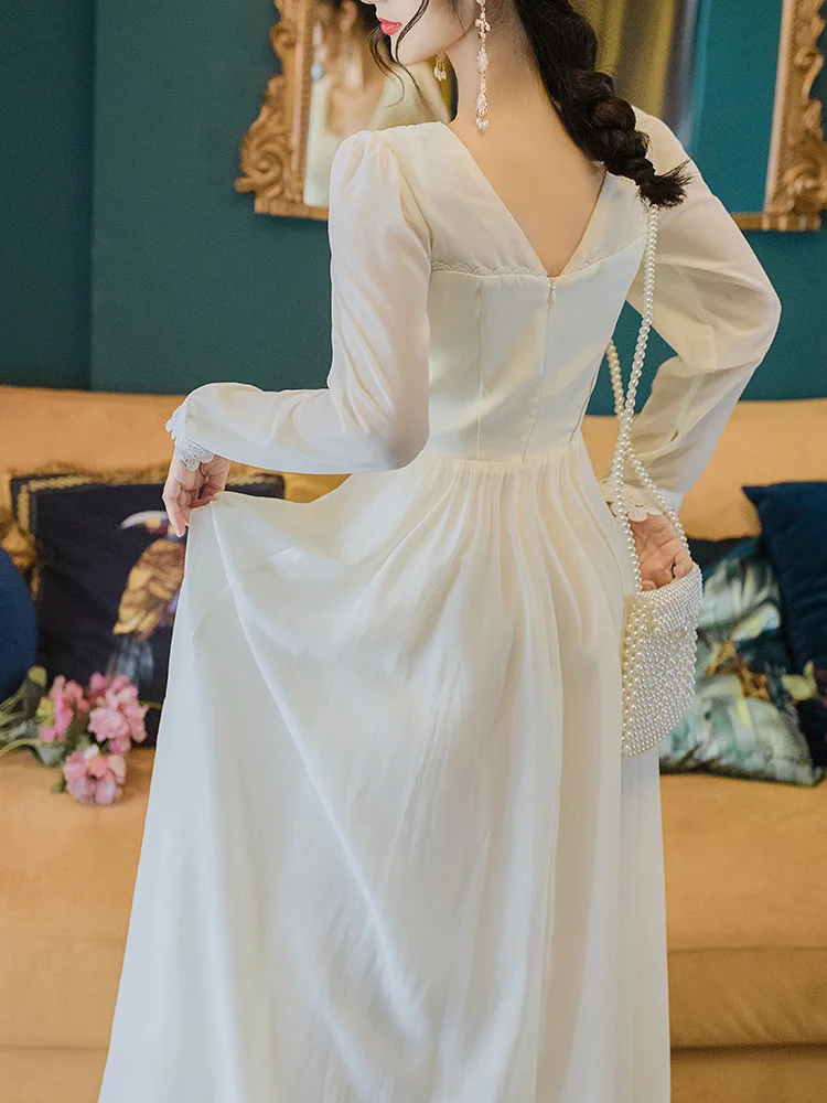 

Elegant Dresses for Women 2021 Spring French Court Style White Square Collar Slim Dress Simple Gentle Fairy Lace Maxi Dress New