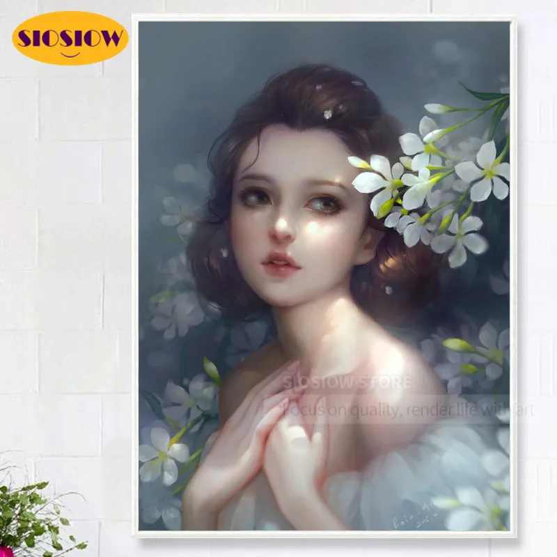 

Алмазная мозаика 5d «сделай сам», вышивка крестиком в китайском стиле для девочек, картина из страз 3D с белыми цветами, феи, полноразмерное ук...