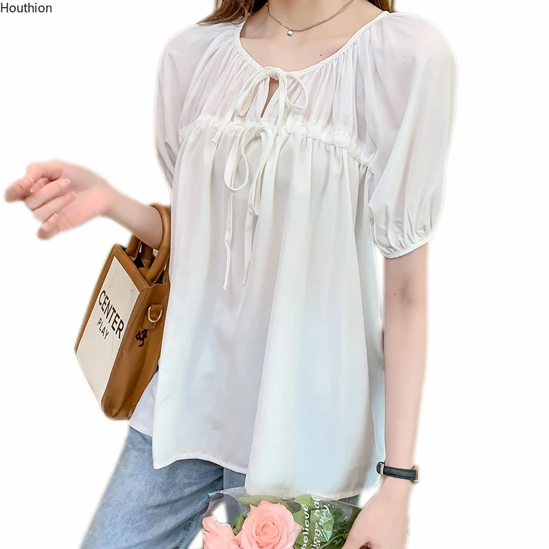 

Шелковые женские блузки Houthion, топ с коротким рукавом, женская рубашка, однотонные новые корейские повседневные топы, модная шифоновая блузк...