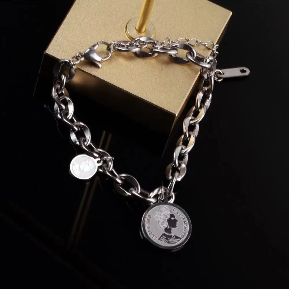 

The queen's head han edition contracted small COINS titanium steel bracelet hip-hop personality design ins cold wind bracelet wi