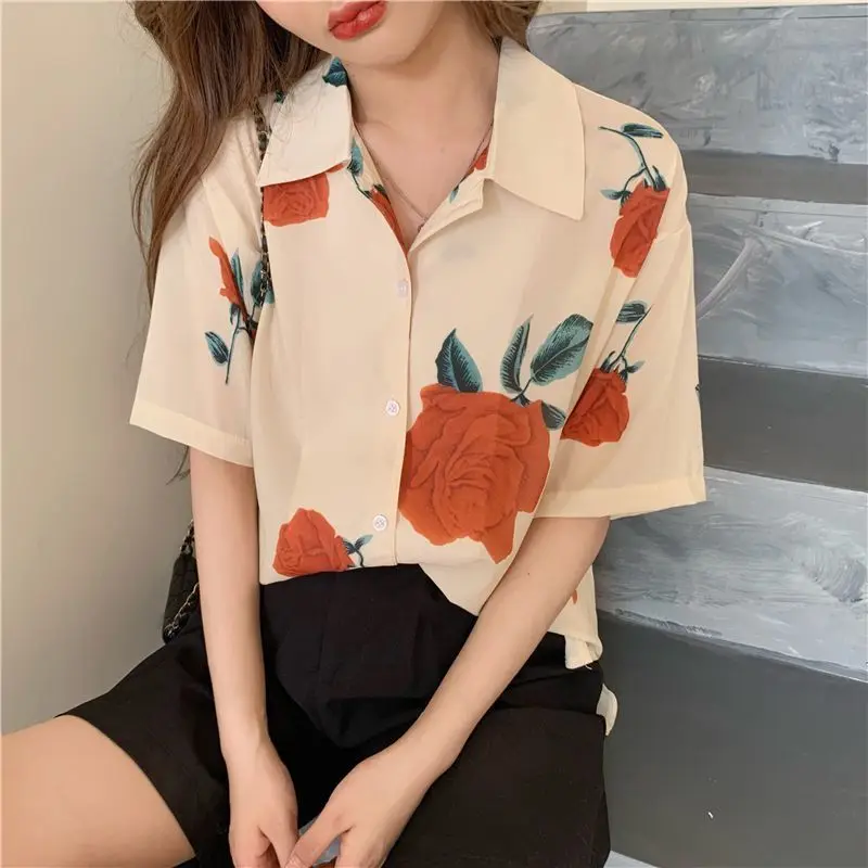 

Zadily 2021 Summer Women Rose Flower Short Sleeve Shirt Single Breasted Blouse Turn-down Collar Fashion Sweet Print Shirts