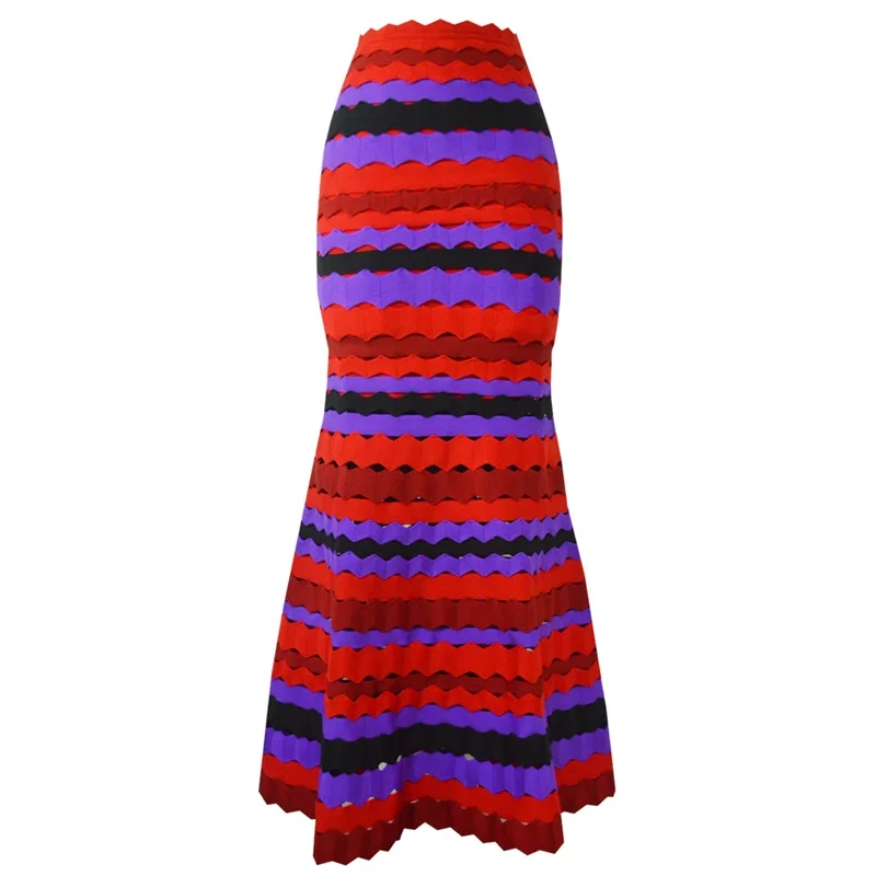 New Striped Bandage Skirt Women Sexy Hollow Out Midi Mermaid Skirts Celebrity Party Club Knitted Skirt Female