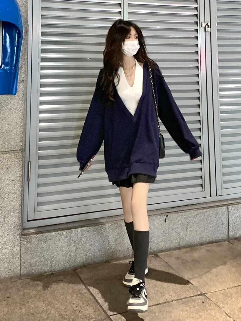 Розовая толстовка с V-образным вырезом Женская Ранняя осень новый дизайн чистый