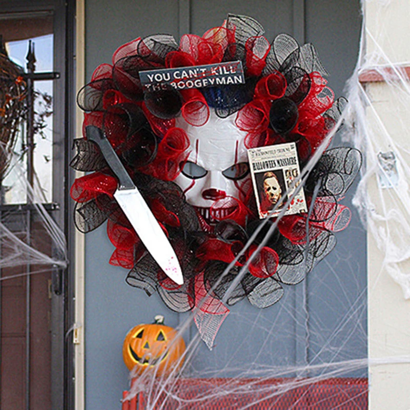 

Подвесная маска для двери на Хэллоуин, венок, креативная ужасная атмосфера, реквизит для оформления праздника вечерние НКИ, украшение на Хэ...