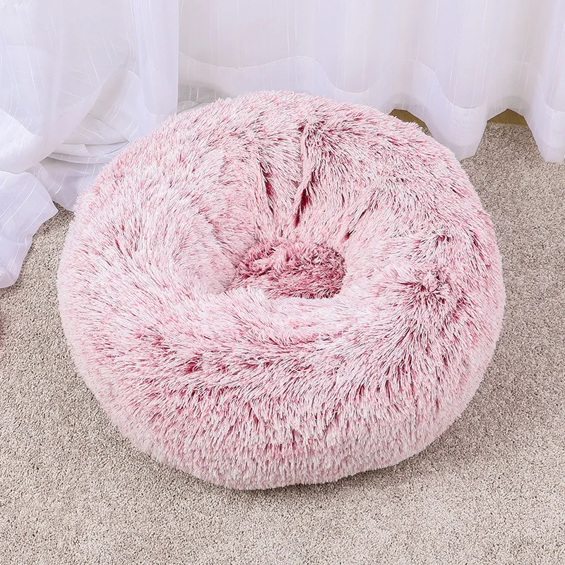

Dropshipping 2021 Hot Selling Soft Comfy Calming Plush Donut Pet Bed Luxury Solid Fluffy Round Dog Bed Farx Fur House for Cats