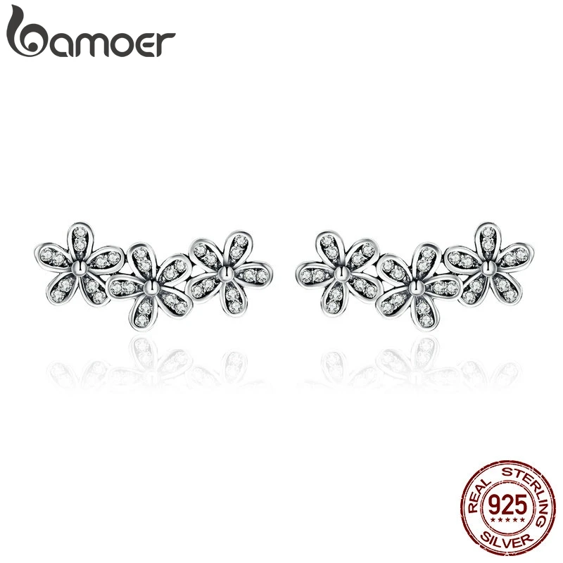 BAMOER подлинные 925 пробы серебряные стекируемые DAZZLING Daisies, прозрачные CZ серьги-гвоздики для женщин, хорошее ювелирное изделие, Bijoux PAS506